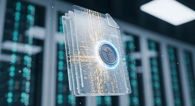 HIPAA compliant medical data security and digital health records stored in a futuristic server room with electronic information protection