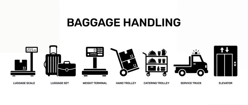 Airport baggage handling equipment set with luggage scale and trolley. Flat line art icons of service truck, elevator, and weight terminal for trav...