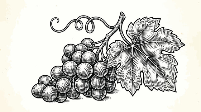 Vintage botanical hand drawn engraving of a grape vine bunch with leaves, artistic woodcut style fruit sketch isolated on white background, organic viticulture illustration for wine labels.