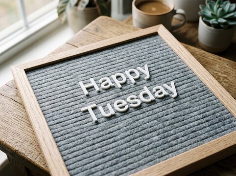 Grey Felt Letter Board with White Text "Happy Tuesday", Cozy Home Atmosphere, Morning Coffee Concept