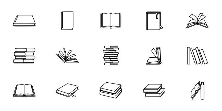 Books and Book Stacks in Various Styles and Positions as Black and White Vector Illustrations Featuring Stack, Reading