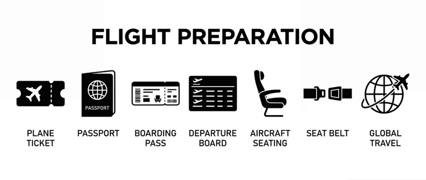 Flight preparation icon set. Travel symbols for boarding pass, passport and airline tickets.