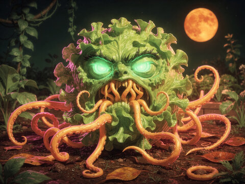 A Mystical Plant Monster with Glowing Green Eyes and Twisting Tentacles in a Moonlit Forest