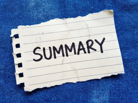 Torn Paper Note with 'SUMMARY' Handwritten Text on Blue Textured Background, Briefing Concept