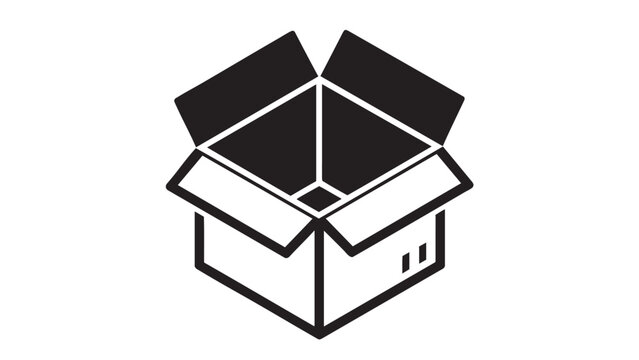 black vector icon of an open box with a smiling face featuring packaging, delivery