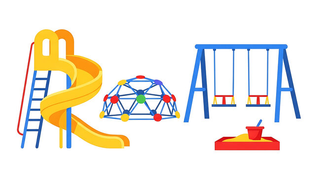 A vibrant playground clipart illustration featuring a slide swing set climbing dome and sandbox for children outdoor play