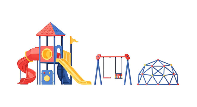 Colorful playground clipart set featuring a red slide outdoor swing frame and blue climbing dome for kids recreation