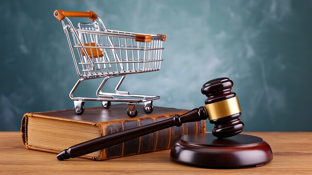 Shopping cart and judge gavel on law book representing ecommerce legal concept
