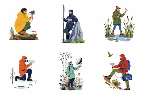 Set of illustrations depicting professional field recordists capturing diverse nature sounds in various outdoor environments using specialized audio equipment.