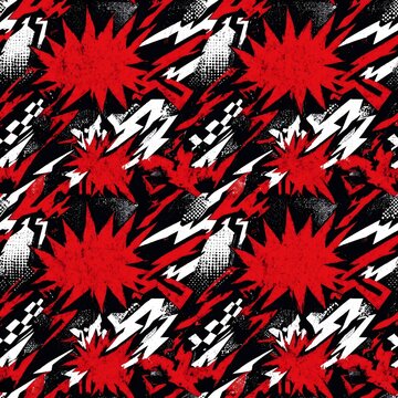 Dynamic abstract red and black graphic pattern with halftone dots