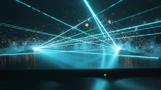 Ultra realistic neon cyan laser beams scan a glossy black surface, forming geometric light patterns with floating particles, creating a premium cybersecurity technology background with copy space.