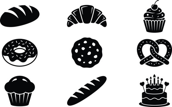 Black Bakery Silhouettes of Bread, Pastries, Cupcakes, Donuts, Cookies, Pretzels, Muffins, and Cakes