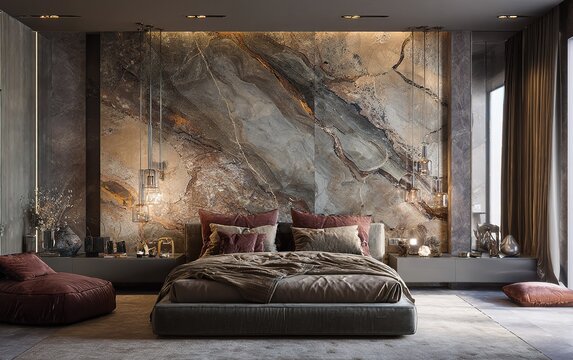 Modern luxury bedroom featuring a dramatic marble accent wall