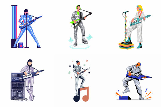 A collection of diverse musicians playing keytars in a vibrant, retro-futuristic style with metallic outfits and electronic elements.