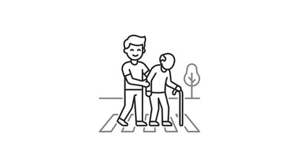 Obraz premium Dynamic Line Drawing of Elderly Person Assisted Across Zebra Crossing by a Smiling Young Helper