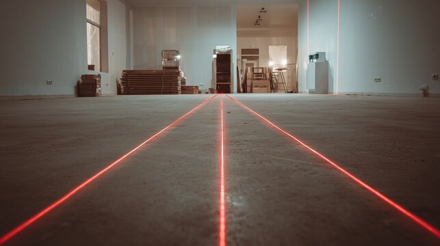 Red laser line on floor in an empty interior shows floor leveling and precise level alignment during renovation, with construction materials and tools in room.