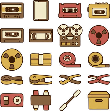 Cassette and Reel to Reel Flat Icon Set with Audio Cassette, Cassette Case, Cassette Adapter and Portable Cassette Player on White Background, Colored Flat Design