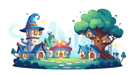 Fototapeta premium Magical Pixel Art Village with Mushroom Homes and Wizard Tower