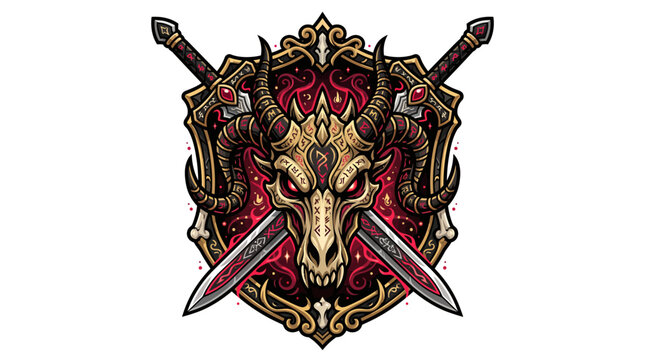A mythical creature with horns and a skull-like face, holding two swords, surrounded by intricate designs and patterns in a fantasy illustration.