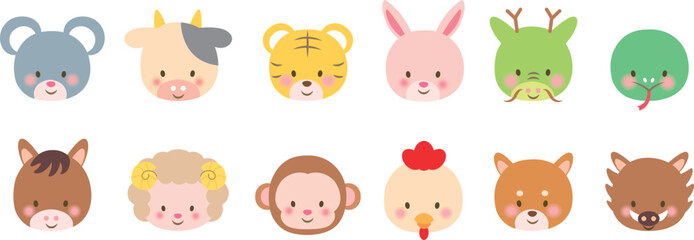 Obraz premium かわいい十二支の動物の顔イラストセット