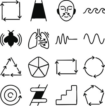 Breathwork Basic Patterns Line Icon Set with Box Breath Square Diagram, Four Seven Eight Breath Ladder, Alternate Nostril Arrow Diagram and Ujjayi Wave Diagram on White Background, Minimal Black Line