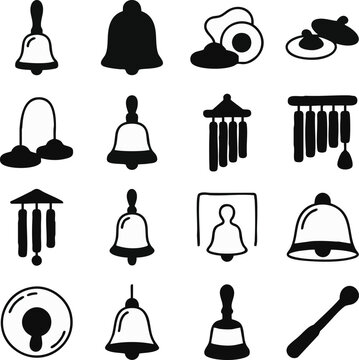 Bells Cymbals Chimes Line Icon Set with Small Hand Bell, Large Temple Bell, Tingsha Cymbals and Zill Finger Cymbals on White Background, Minimal Black Line Art