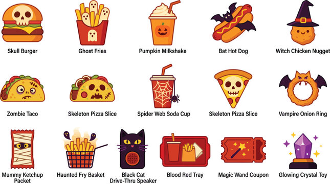 Set of 15 flat icons related to halloween, food - collection of skull burger, ghost fries, pumpkin milkshake, bat hot dog, zombie taco, mummy ketchup vector elements