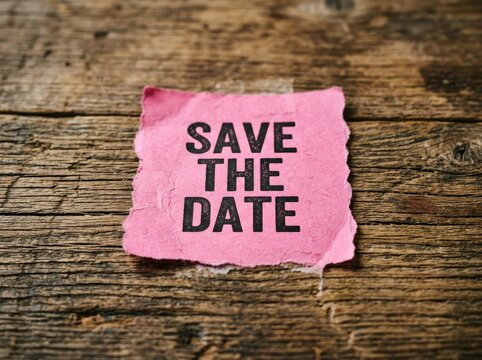 Pink Paper Note with "SAVE THE DATE" Text, Resting on Rustic Wood Surface, Reminder Concept