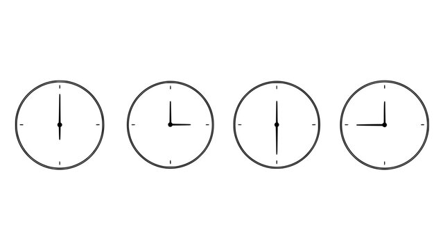 Four Analog Clocks in a Row Each Showing a Different Time with Minimalist Design Featuring Clock, Hour, Minute with Hands
