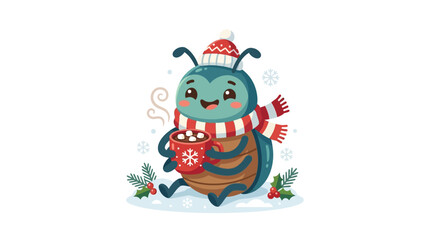 Naklejka premium Cute cartoon beetle in winter hat and scarf holding hot chocolate with marshmallows