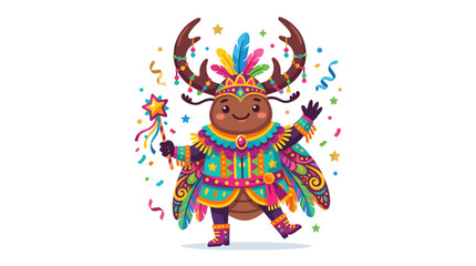 Naklejka premium Cute cartoon beetle in carnival costume, holding star wand, confetti, happy celebration