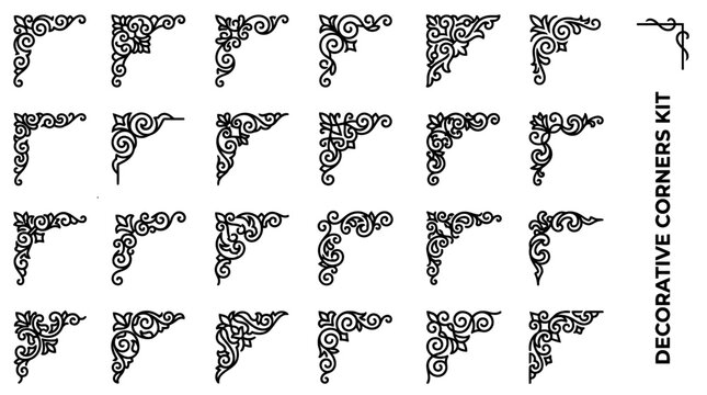 Set of elegant vintage decorative corner borders silhouette vector elements for wedding invitations and retro frames design
