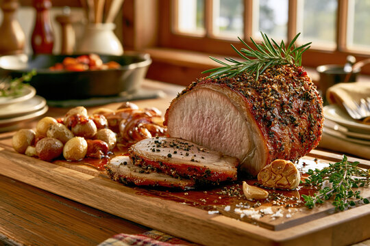 Rustic Smoked Pork Loin on Traditional Farm Table &ndash; AI Generative
