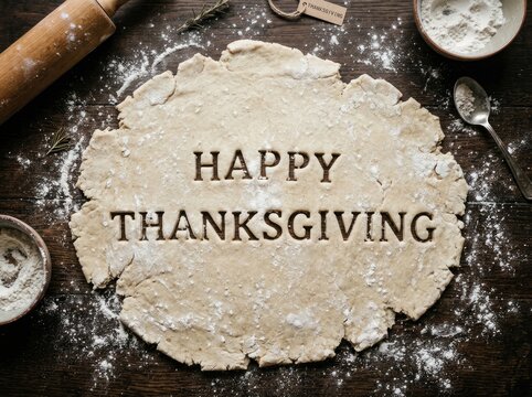 Raw Pie Dough with "Happy Thanksgiving" Stamped, Baking Preparation, Rustic Kitchen Setting Concept