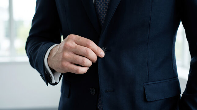Man suit button hand business formal jacket tie professional close up