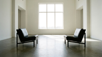 Obraz premium Minimalist room with two black chairs facing each other near large window symbolizing war and diplomacy in calm setting