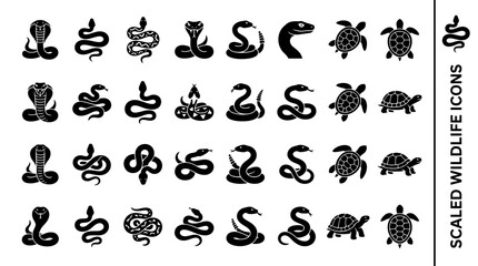 Obraz premium Black snake and turtle silhouette icon set featuring cobra and sea turtle designs for (23).ai vector graphic projects and nature branding