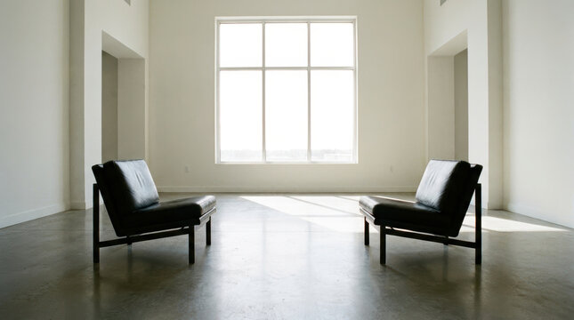 Minimalist room with two black chairs facing each other near large window symbolizing war and diplomacy in calm setting