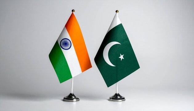 India and Pakistan table flags on metallic stands side by side