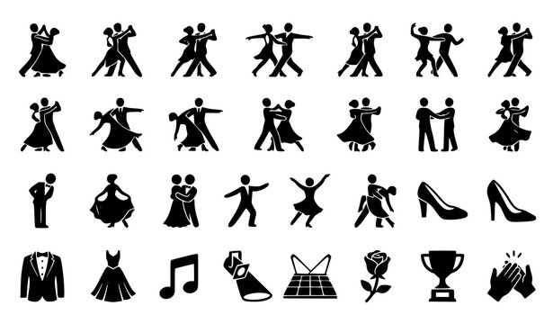 Ballroom dance silhouette icon set with waltz tango salsa elegant couples and formal partner dance poses isolated on white background