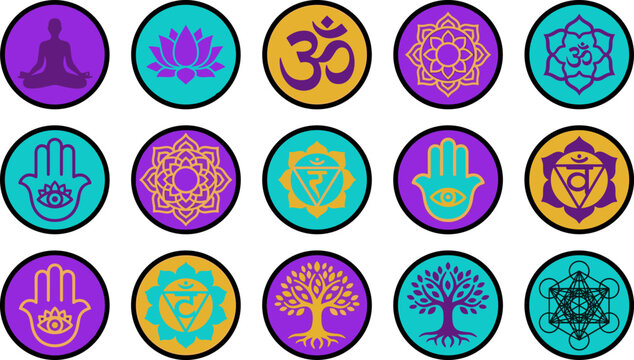 Spiritual yoga chakra icons vector set featuring sacred geometry symbols om hamsa hand lotus flower and tree of life isolated on circular badge backgrounds.