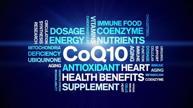 CoQ10 animated word cloud-text design animation tag kinetic typography seamless loop.