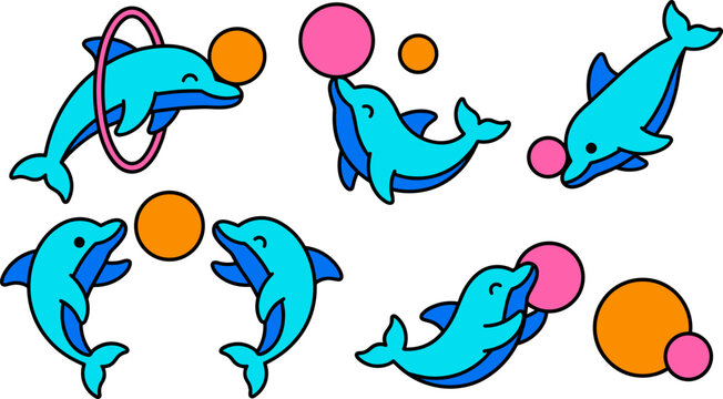 Cute cartoon dolphin vector illustration collection featuring bright blue marine characters performing circus tricks jumping through pink hoop and balancing orange and pink balls.