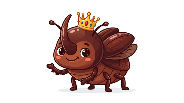 Cute Cartoon Rhinoceros Beetle King with Crown, Vector Illustration