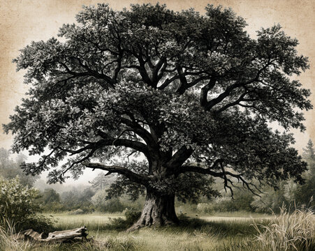 Vintage Oak Tree Botanical Illustration &ndash; AI Generative