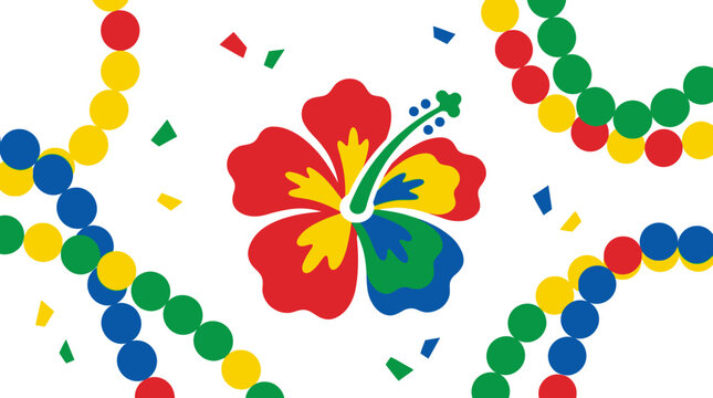 A vibrant carnival parade float decorated with colorful beads and a large hibiscus flower arrangement