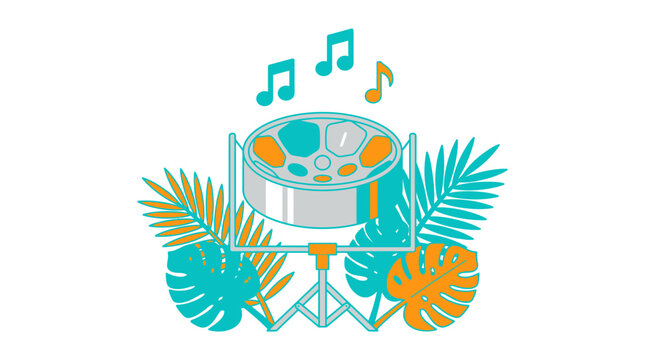 A vibrant illustration of a drum surrounded by tropical leaves and music notes in a lively carnival setting with colorful wings centered in the composition.