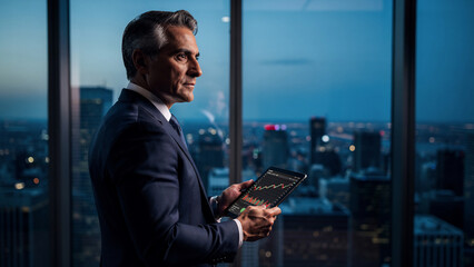Fototapeta premium Mature businessman in suit holding tablet with financial chart, looking out window at city skyline at dusk, concept for investment analysis, corporate strategy and business success