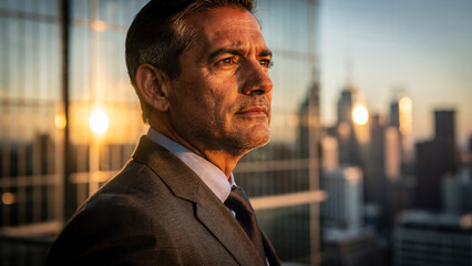 Fototapeta premium Mature businessman looking out over city skyline at sunset, golden hour lighting, portrait ideal for corporate advertising, executive lifestyle and financial success themes