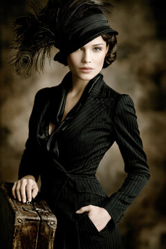 Elegant 1930s Fashion Portrait with Vintage Suitcase &ndash; AI Generative &ndash; No Real Person